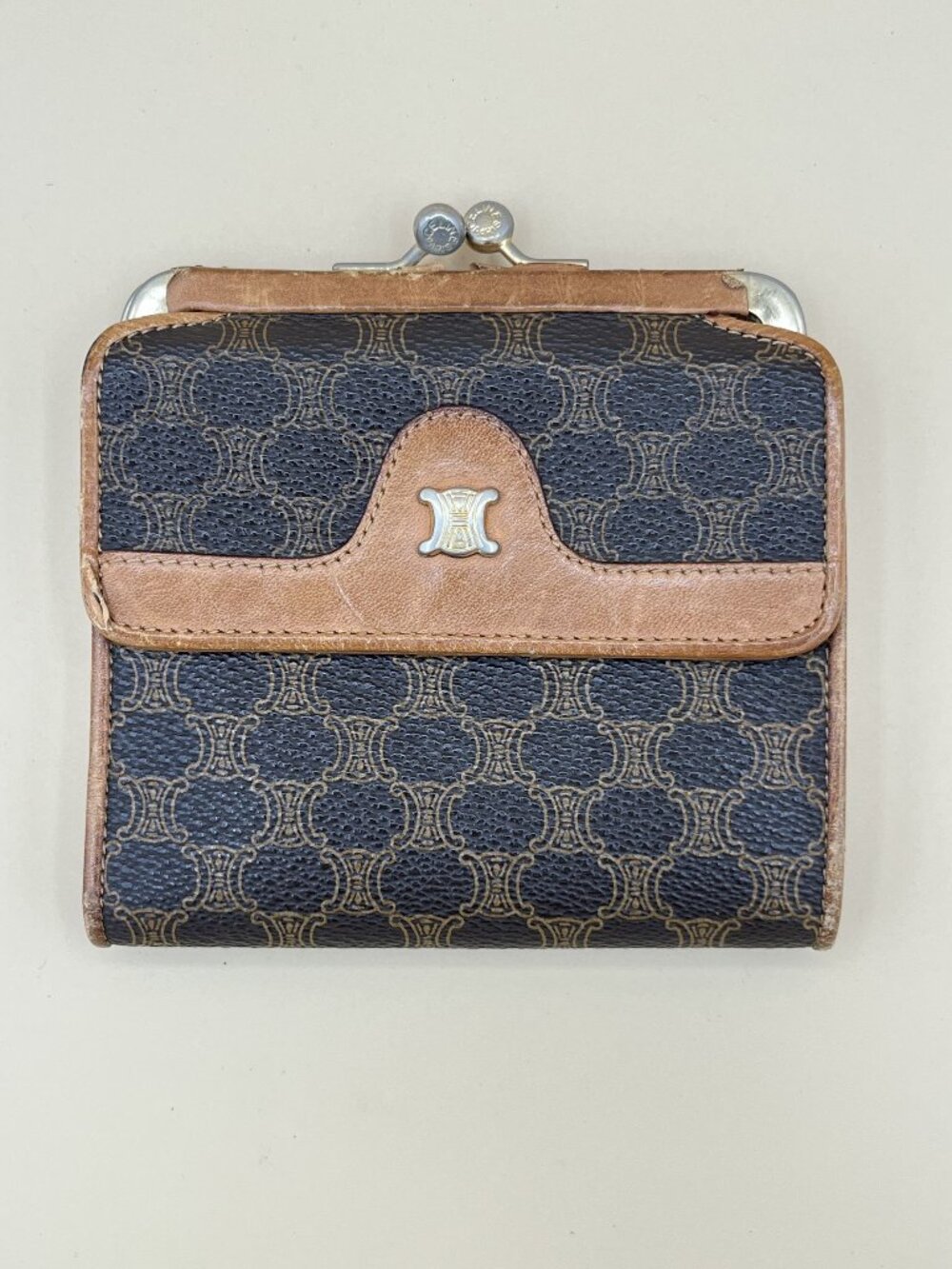 Celine Vintage Macadam Logo Brown Leather Compact Wallet Made In Italy